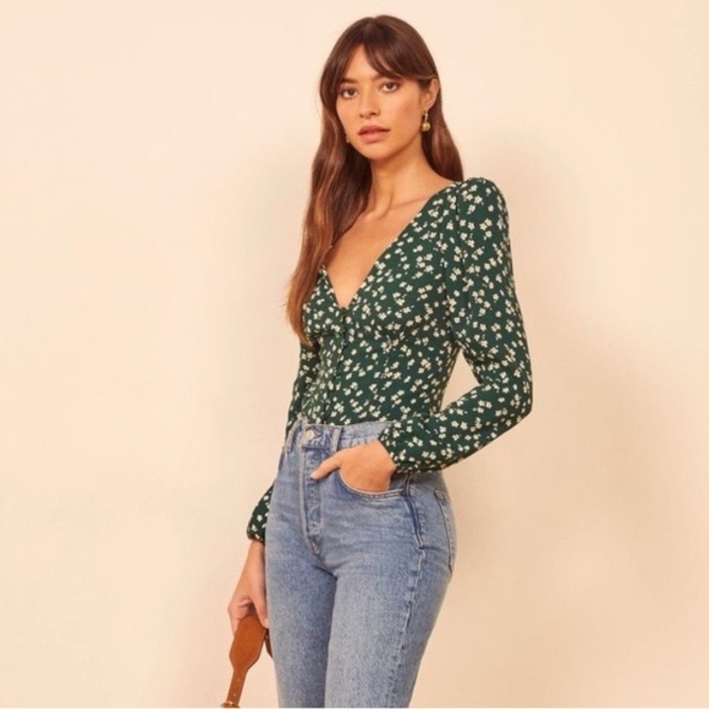 Reformation Nell Green Annette Floral Top Size Small Boho Cottagecore